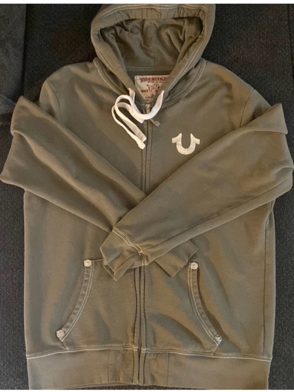 True Religion Olive Green Zip Hoodie with White Logo